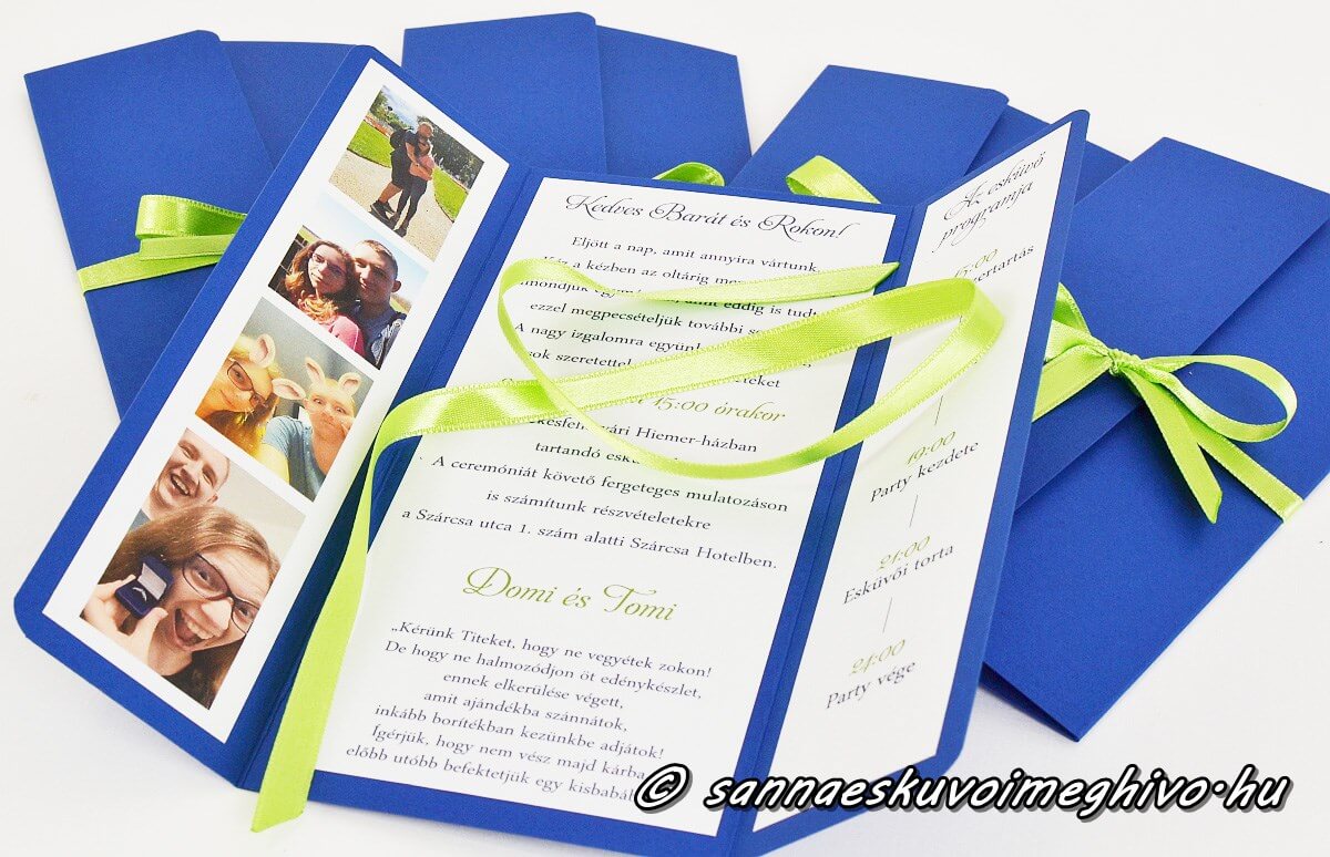 eskuvoi-meghivo-fotocsik-sannaeskuvoimeghivo-2412062 Fotócsík meghívóm kék kartonnal és almazöld szalaggal színes fényképekkel