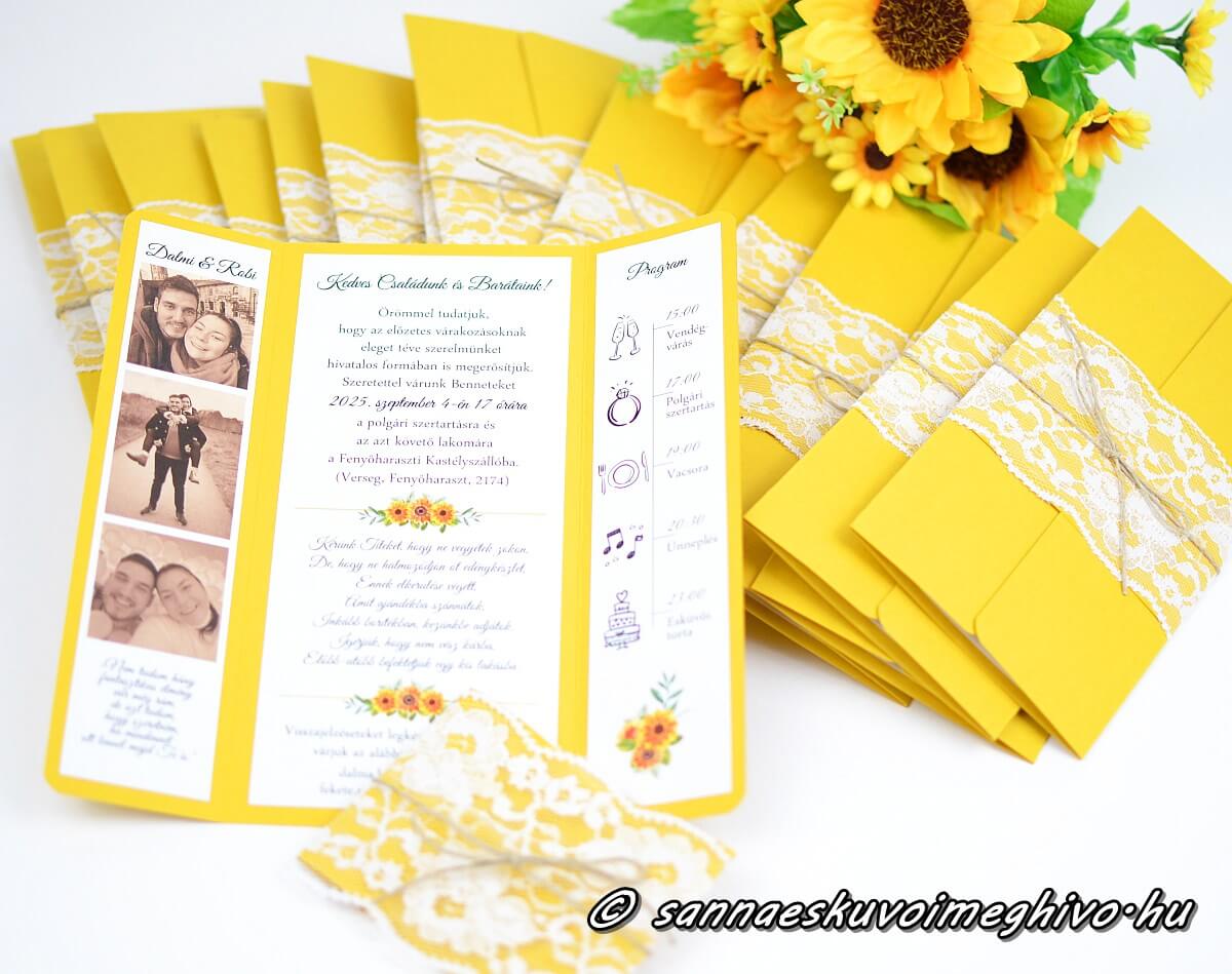 fotocsik-eskuvoi-meghivo-sannaeskuvoimeghivo-250720 Fotócsík meghívóm napraforgó sárga papírból, kinyitva
