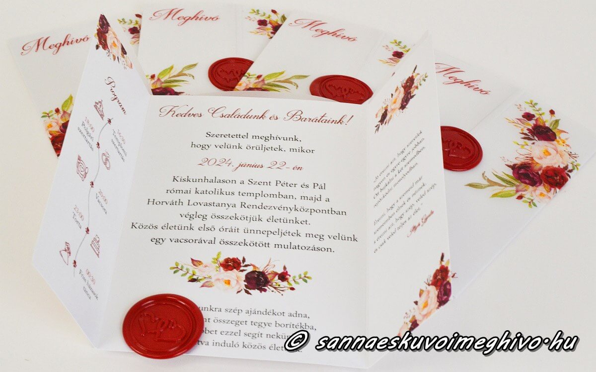 eskuvoi-meghivo-vintage-viragcsokor-sannaeskuvoimeghivo-2405192 Pauszpapírba bújtatott, vörös viaszpecsétes Vintage virágcsokor meghívók