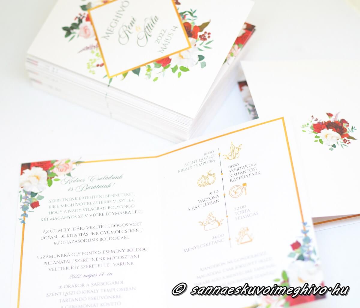 geometrikus-viragok-eskuvoi-meghivo-sannaeskuvoimeghivo-2502156 Geometrikus virágok meghívók. Arany keret, piros virágok