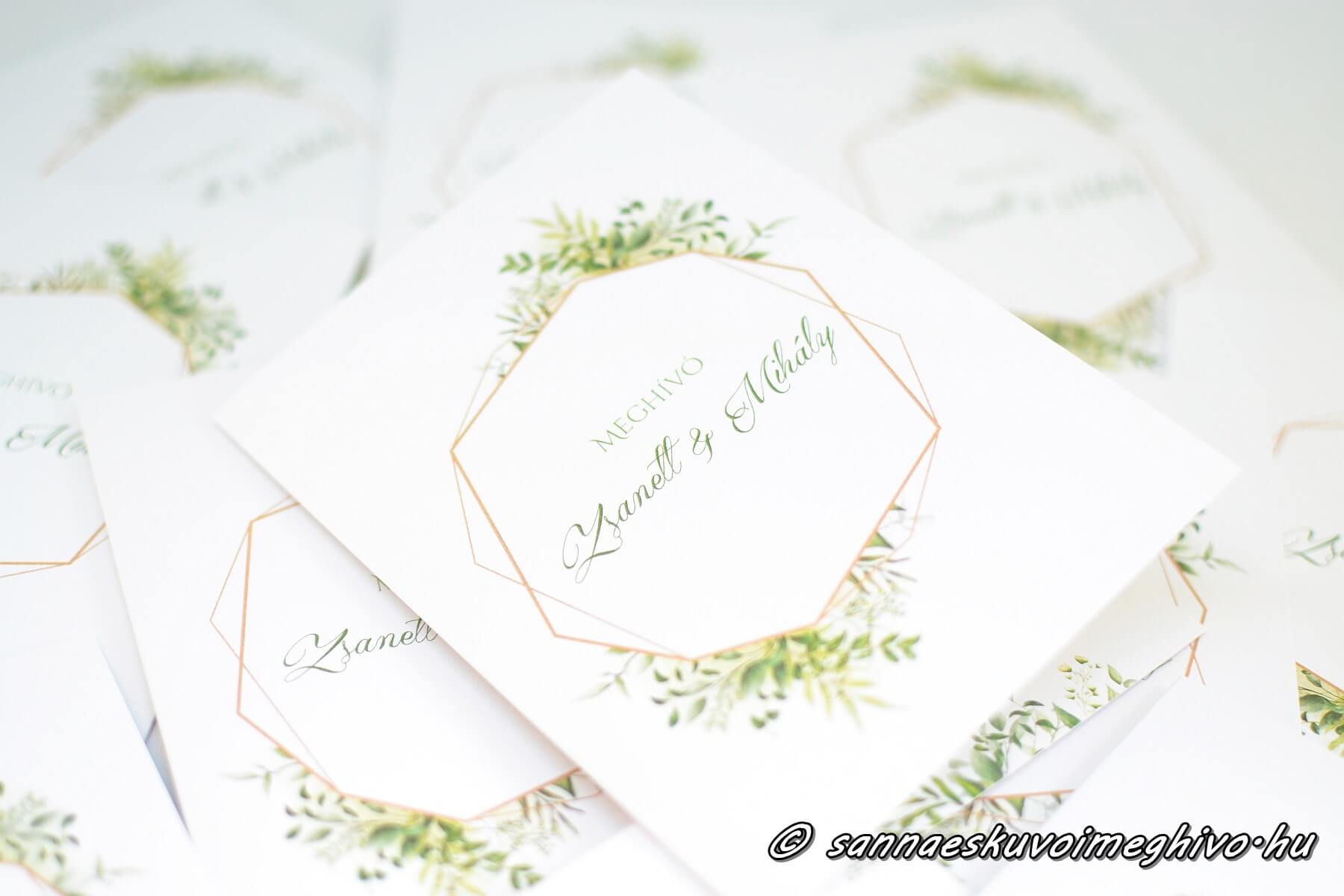 greenery-alom-eskuvoi-meghivo-sannaeskuvoimeghivo-2312093 Greenery álom meghívóm első oldala, arany keretben a nevek
