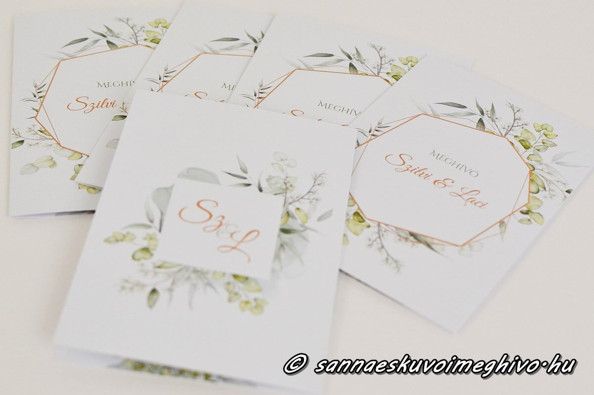 greenery-alom-eskuvoi-meghivo-sannaeskuvoimeghivo-250201 Greenery álom meghívók, arany színű betűk és zöld virágok