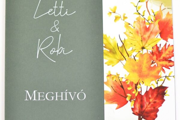 Őszi csokor esküvői meghívóm első oldala zöld kartonnal és színes levelekkel