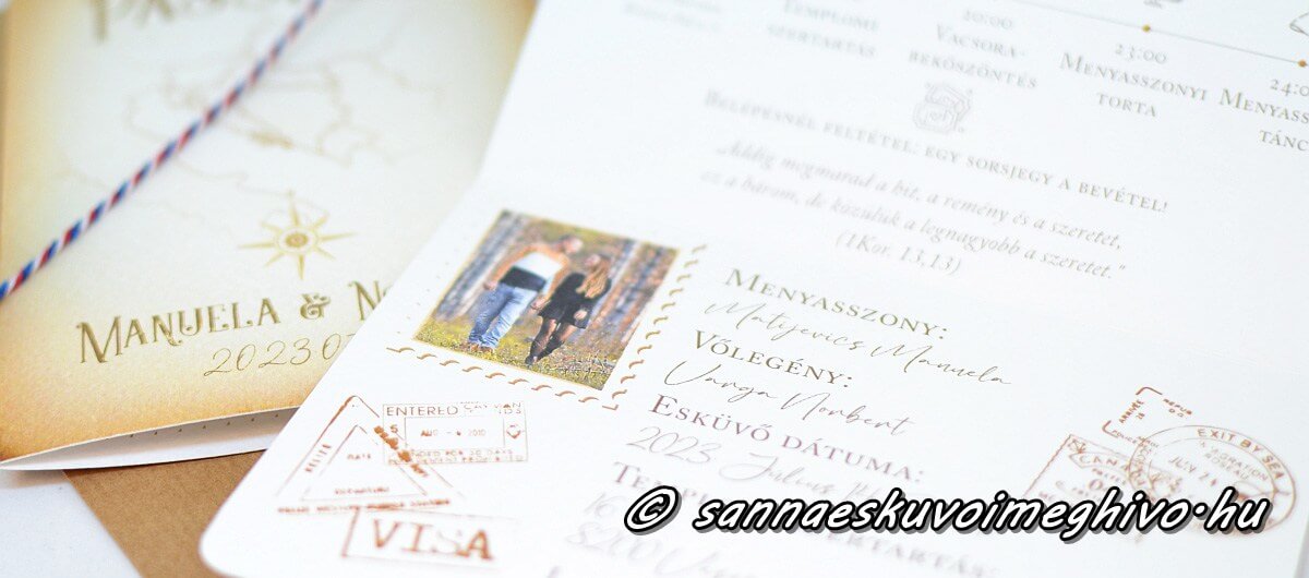 Útlevél esküvői meghívó belső oldala fényképpel
