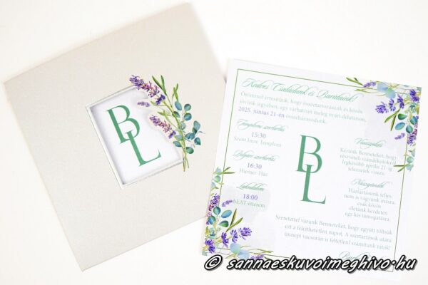 Ezüst levendula meghívóm külső tokja és belső papírja